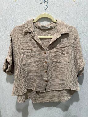 Mustard Seed Tan Crop Button down top